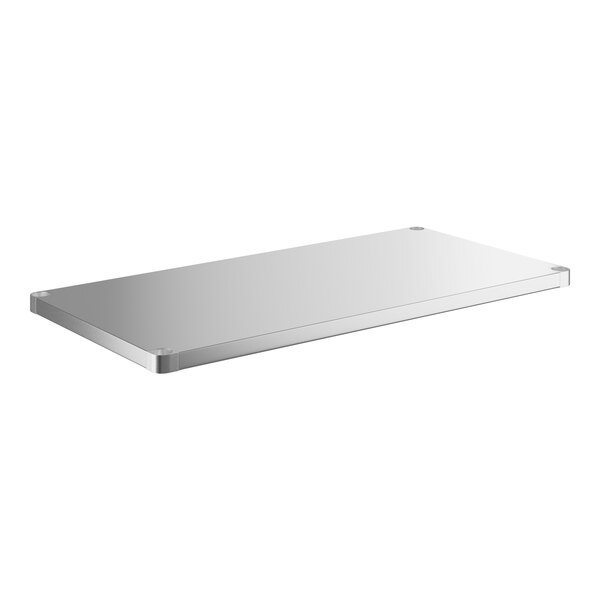 A stainless steel rectangular undershelf with screws.