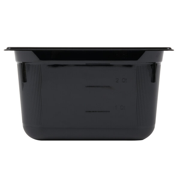 A black rectangular Vollrath Super Pan with a white strip.