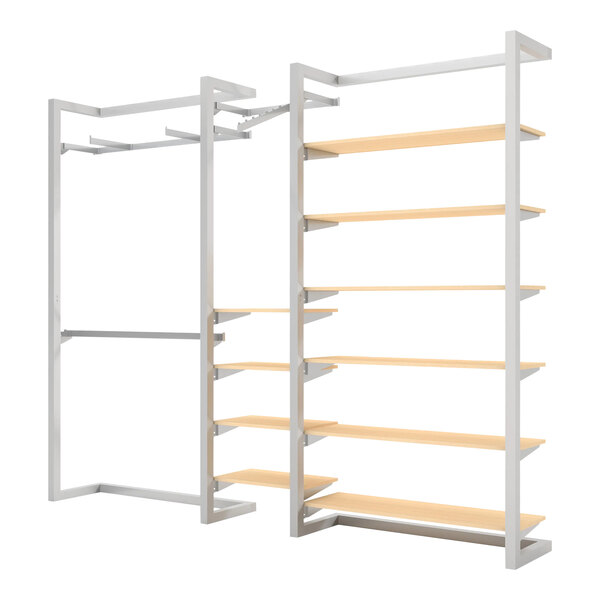 A white metal wall-mount retail display with shelves and faceouts.