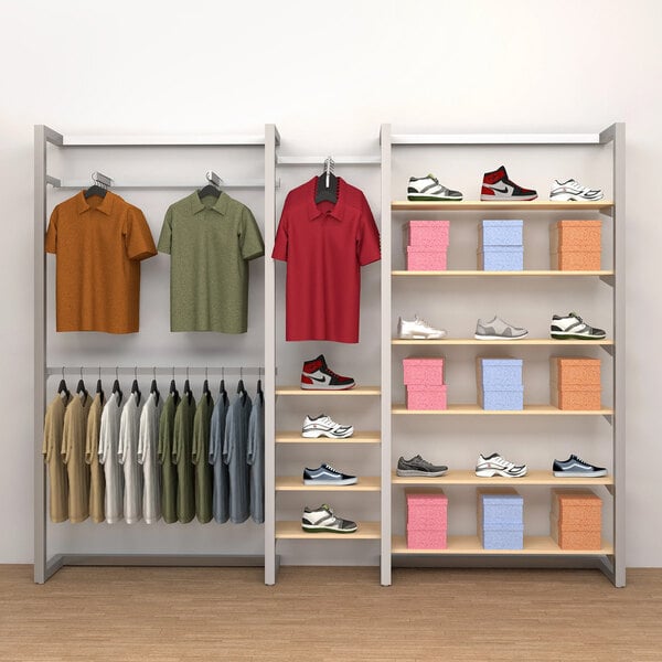 An Econoco wall-mount retail display with clothes and shoes on it.