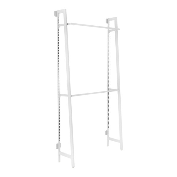 A white metal wall-mounted rack with two hangrails.