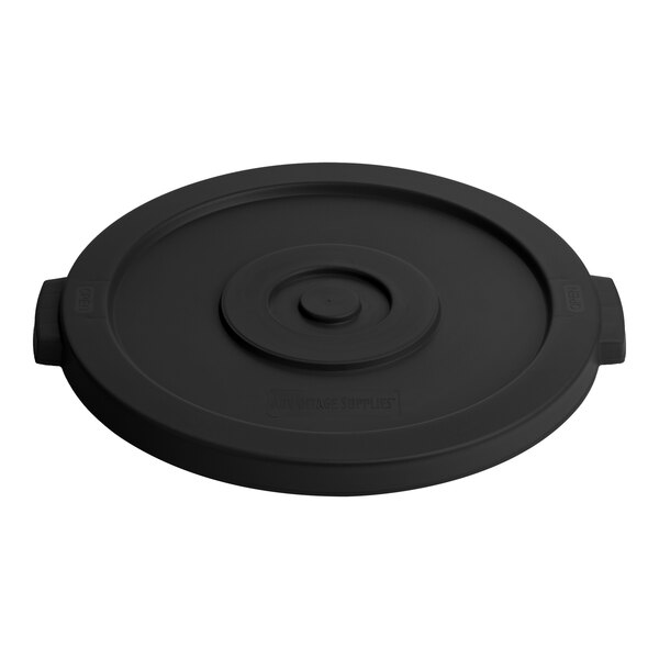 A black rubbermaid® lid for a round trash can with a circle in the middle.
