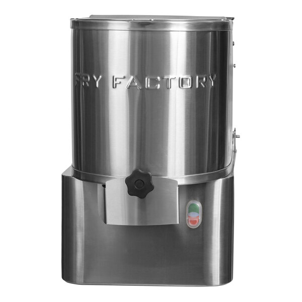 A stainless steel Fry Factory Inc. automatic French fry cutter with a lid.