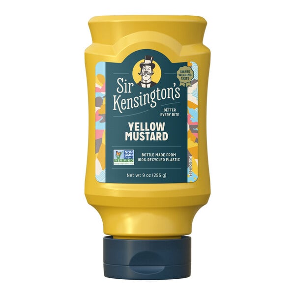 A yellow plastic Sir Kensington's Yellow Mustard squeeze bottle with a blue label.