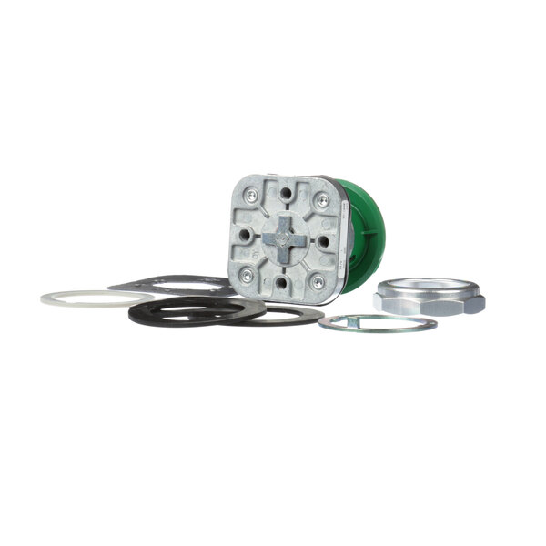 A green and black push button with a white frame for an Edlund 610 can opener.