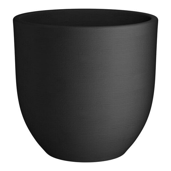A black planter with a white background.