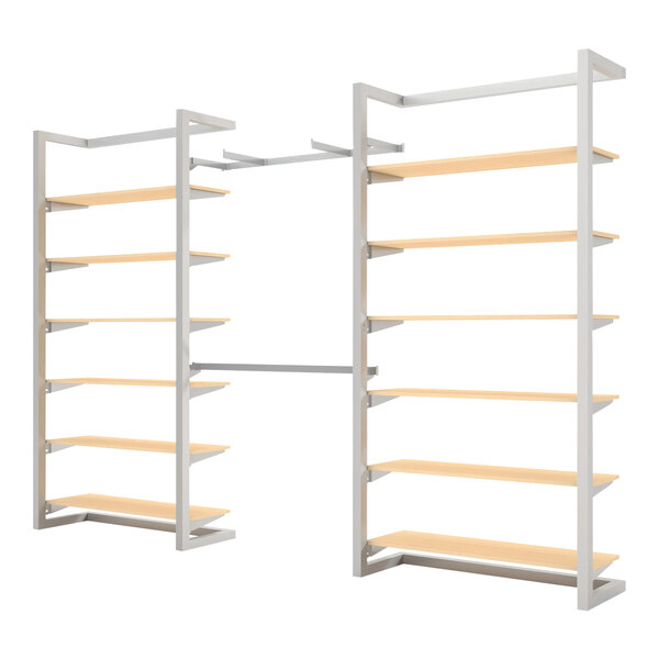 A white metal wall-mount retail display with shelves and faceouts.