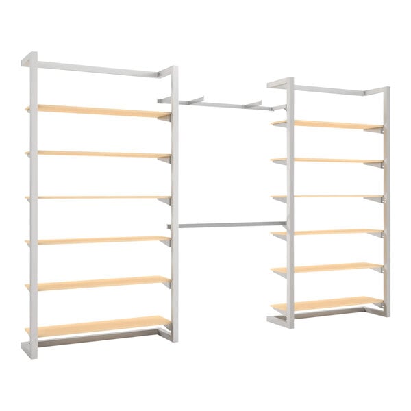 A white wall-mount retail display with shelves, a hangrail, and faceouts.