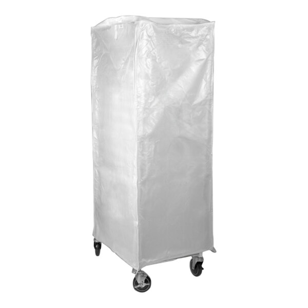 A translucent white plastic Curtron bun pan rack cover.