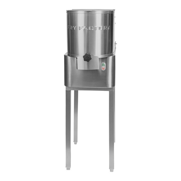 A Fry Factory stainless steel automatic French fry cutter on a stand with a button.