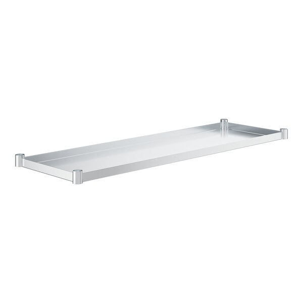 A galvanized steel rectangular shelf for a work table with metal handles.