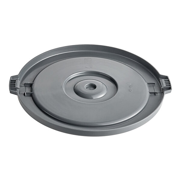A gray plastic Advantage Supplies round lid with a hole.