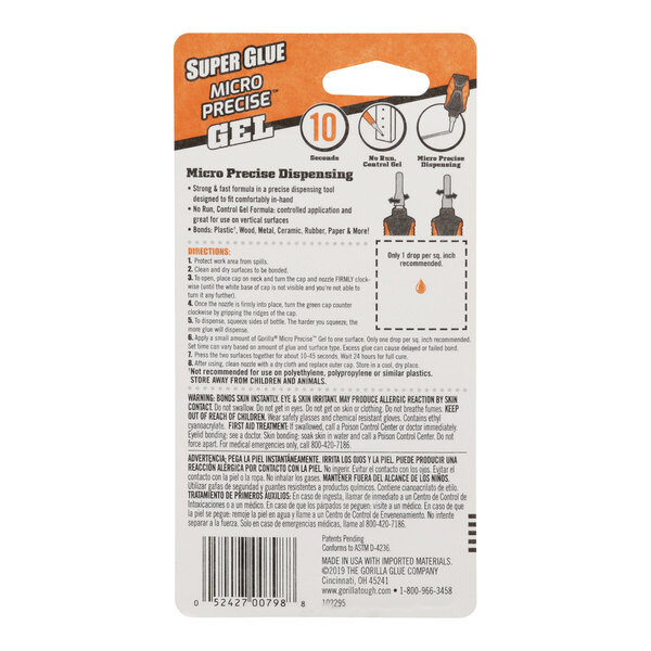 A package of Gorilla Micro Precise super glue gel on a counter.