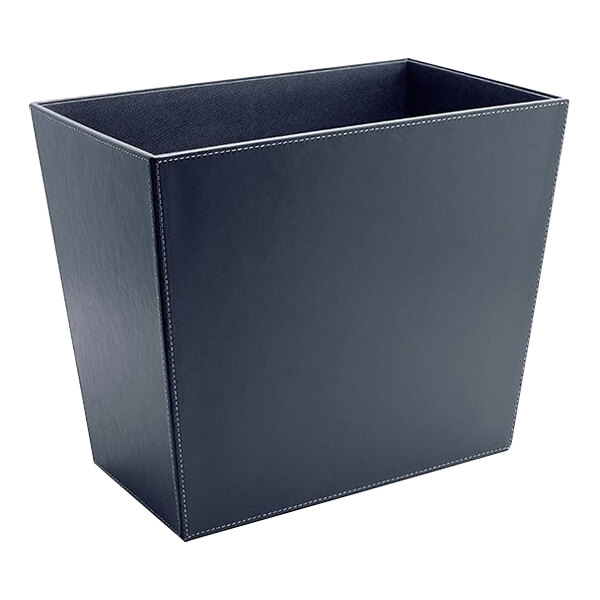 A navy faux leather room360 wastebasket with white stitching.