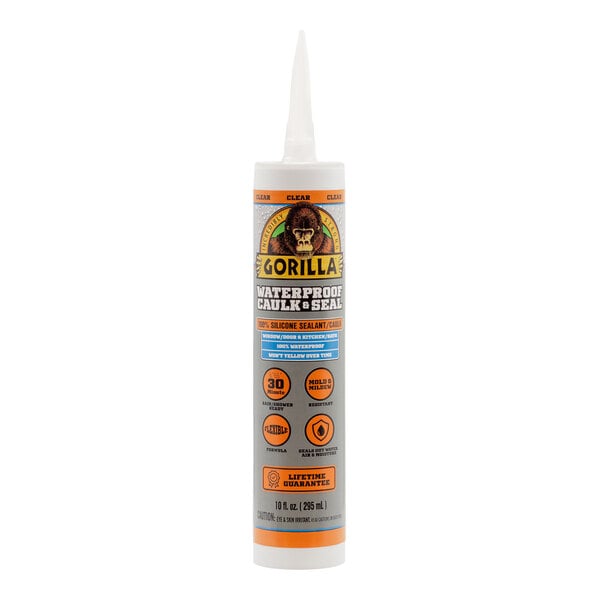 A white tube of Gorilla Waterproof Clear Silicone Caulk with an orange label.