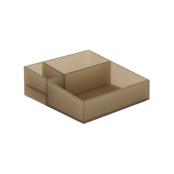 A rectangular nutmeg resin organizer with three compartments.