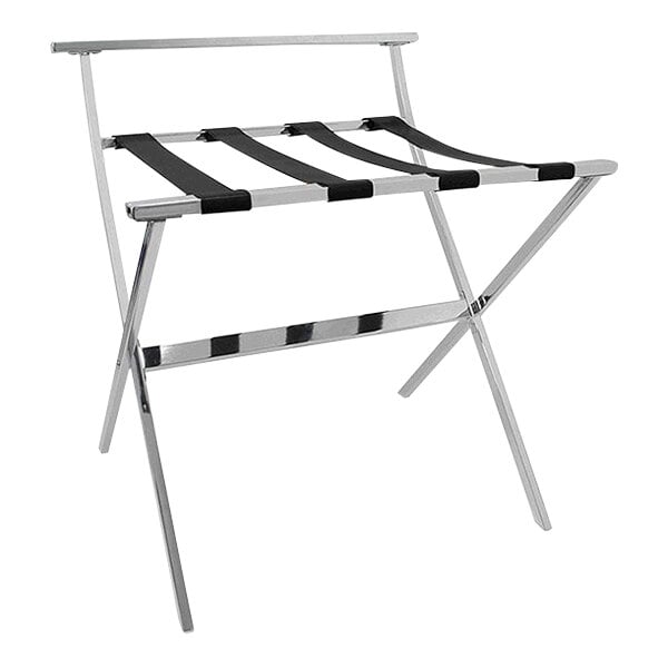 A room360 metal folding luggage rack with black straps.