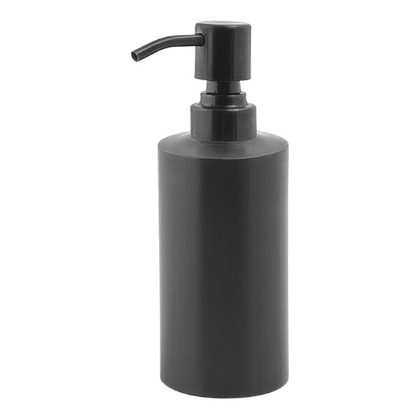 A black stainless steel soap dispenser with a black pump.