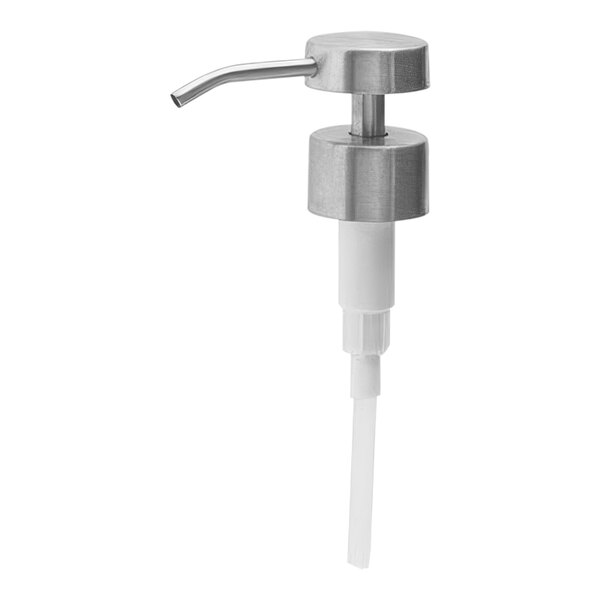 A silver pump top with a white plastic tube.