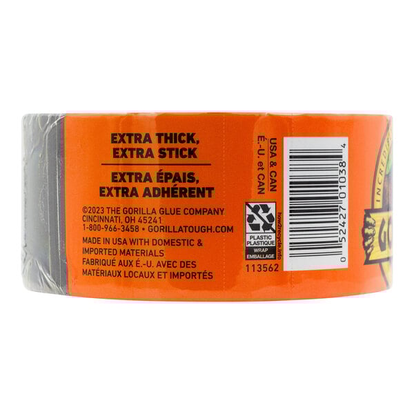 A roll of Gorilla black duct tape with a black and orange label and bar code.