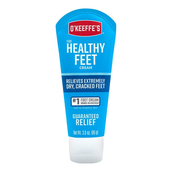 A blue and white tube of O'Keeffe's Healthy Feet cream.