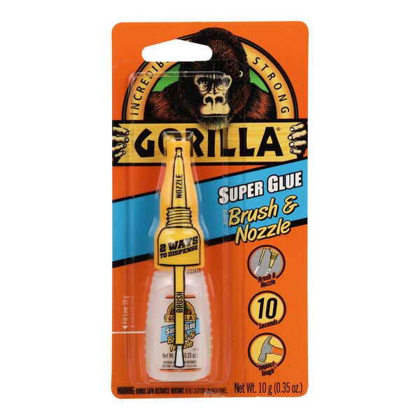 A package of Gorilla Super Glue with brush and nozzle.