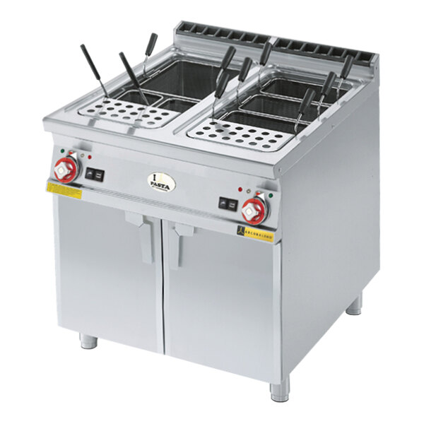 A stainless steel commercial pasta cooker with two sections.