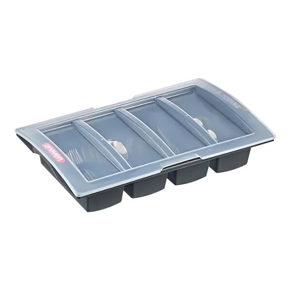 An Araven gray plastic container with four compartments and a lid.