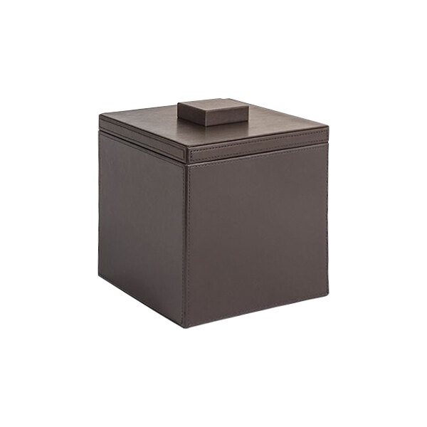 A brown faux leather square ice bucket with a brown lid on a table.