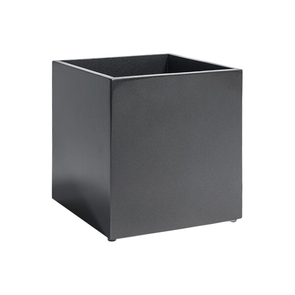 A black square room360 New York Onyx resin wastebasket with wheels.