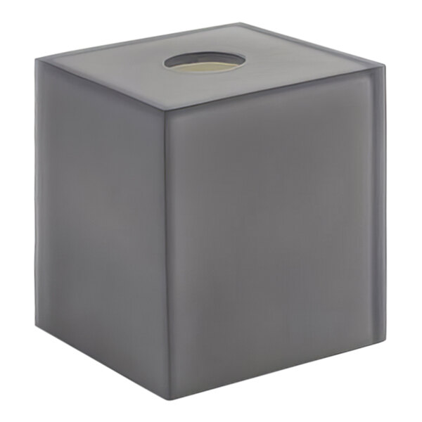 A gray resin square tissue box cover with a square lid.