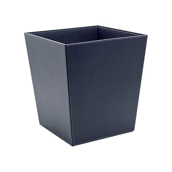 A navy faux leather square wastebasket with white stitching.