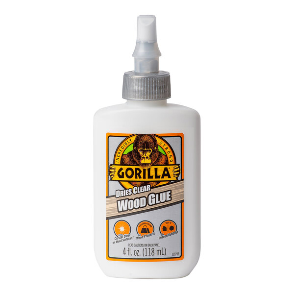 A white bottle of Gorilla 4 oz. clear wood glue with a silver cap.