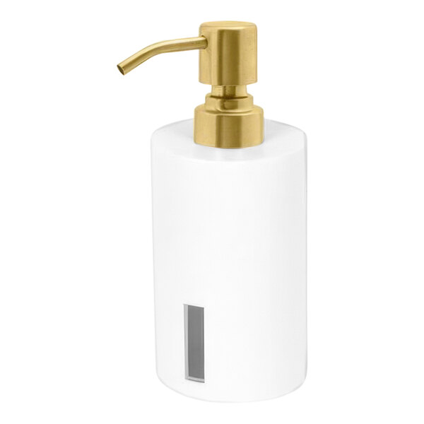 A white bottle with a gold shell soap dispenser top.