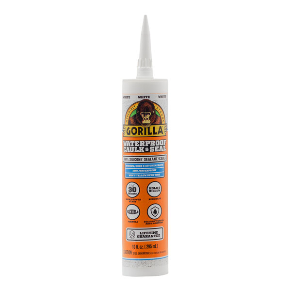 A white tube of Gorilla Waterproof Silicone Caulk with a white cap and a label with a gorilla and yellow and black text.