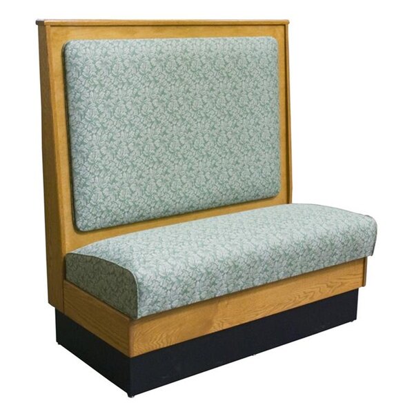 An American Tables & Seating wood wall bench with a cushioned seat.