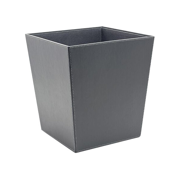 A black square faux leather wastebasket with white stitching.