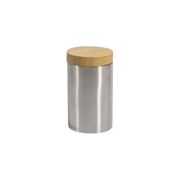 A silver canister with a wooden lid.