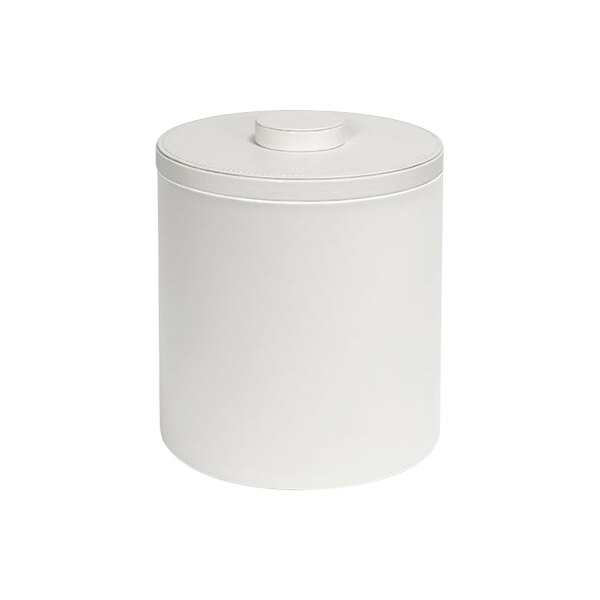 A room360 white faux leather ice bucket with a white lid.