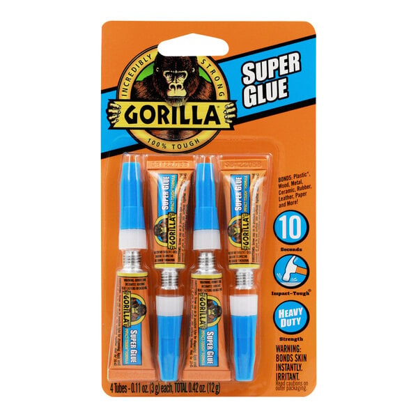 A pack of 4 orange and blue Gorilla Super Glue tubes.