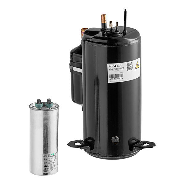 An Avantco Ice compressor for ice machines, a black cylinder with a white label.