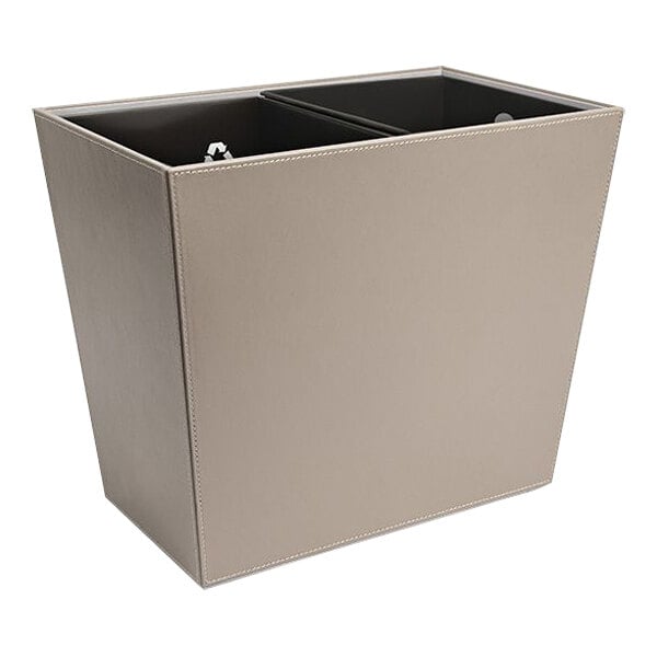 A beige rectangular room360 London faux leather recycling wastebasket with two compartments.