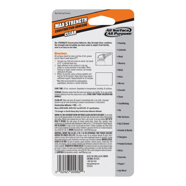 A white and orange Gorilla Construction Adhesive label with black text.