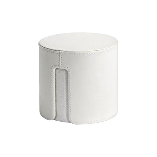 A white cylinder with a white faux leather cover.