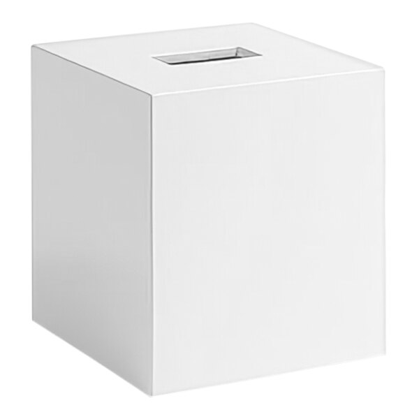 A white room360 New York square tissue box cover with a lid.