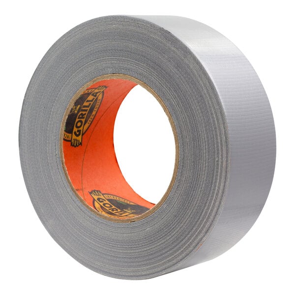 A roll of Gorilla grey duct tape with orange and black stickers.