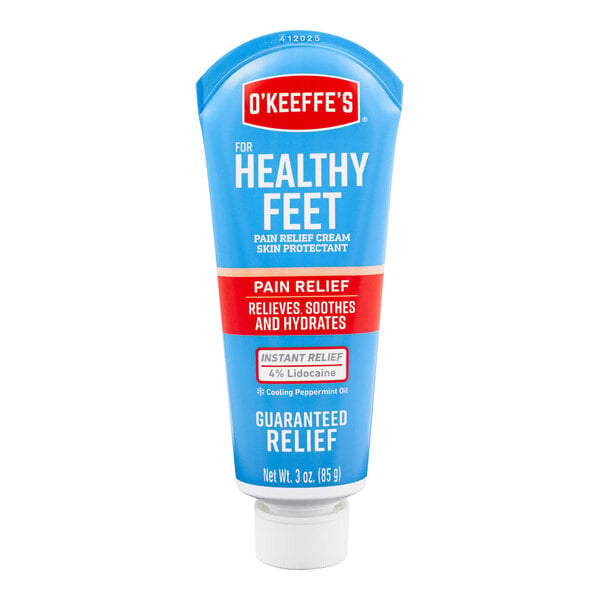 A blue tube of O'Keeffe's Healthy Feet Foot Cream with white text.