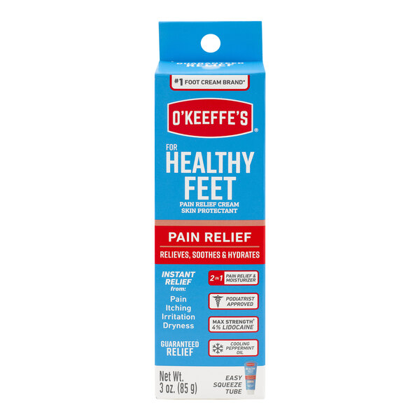 A blue and red box with white text reading "O'Keeffe's Healthy Feet Pain Relief"