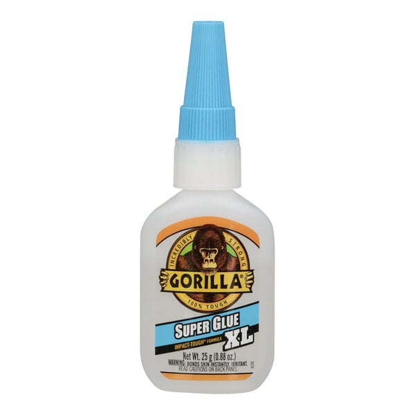 A white bottle of Gorilla Super Glue with a blue cap.