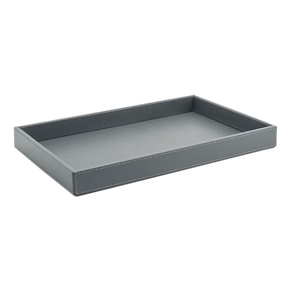 A gray rectangular room360 London faux leather tray with white stitching on the handles.